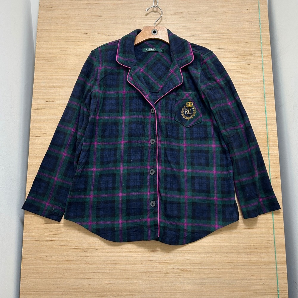 Lauren Ralph Lauren Plaid Fleece Pajama Top Navy Green Pink Crest Small‎